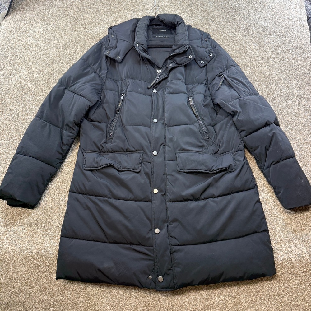 Zara Womens Black Hooded Puffer Coat Quilted Longline Jacket L Insulated Winter